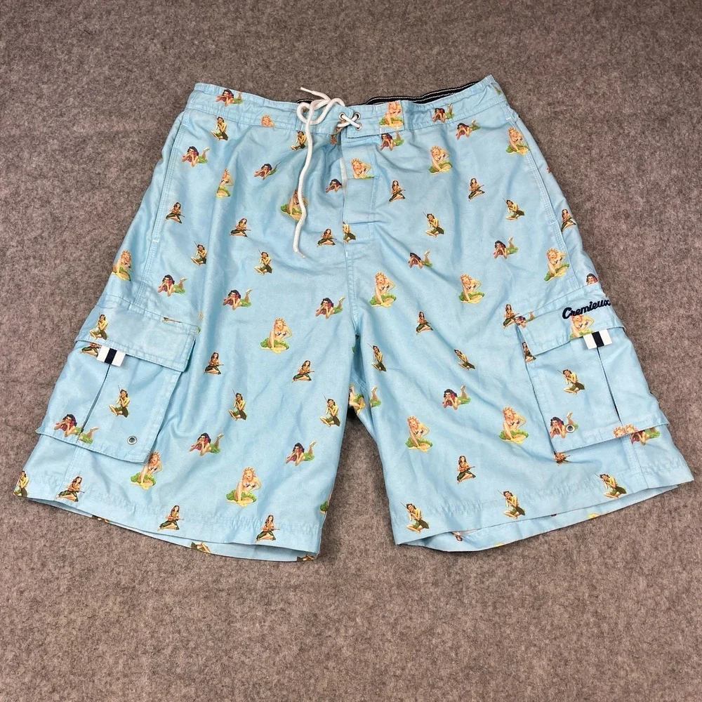 Cremieux Beachwear Board Shorts Mens Large Blue Hula Girls Hawaiian Tropical‎